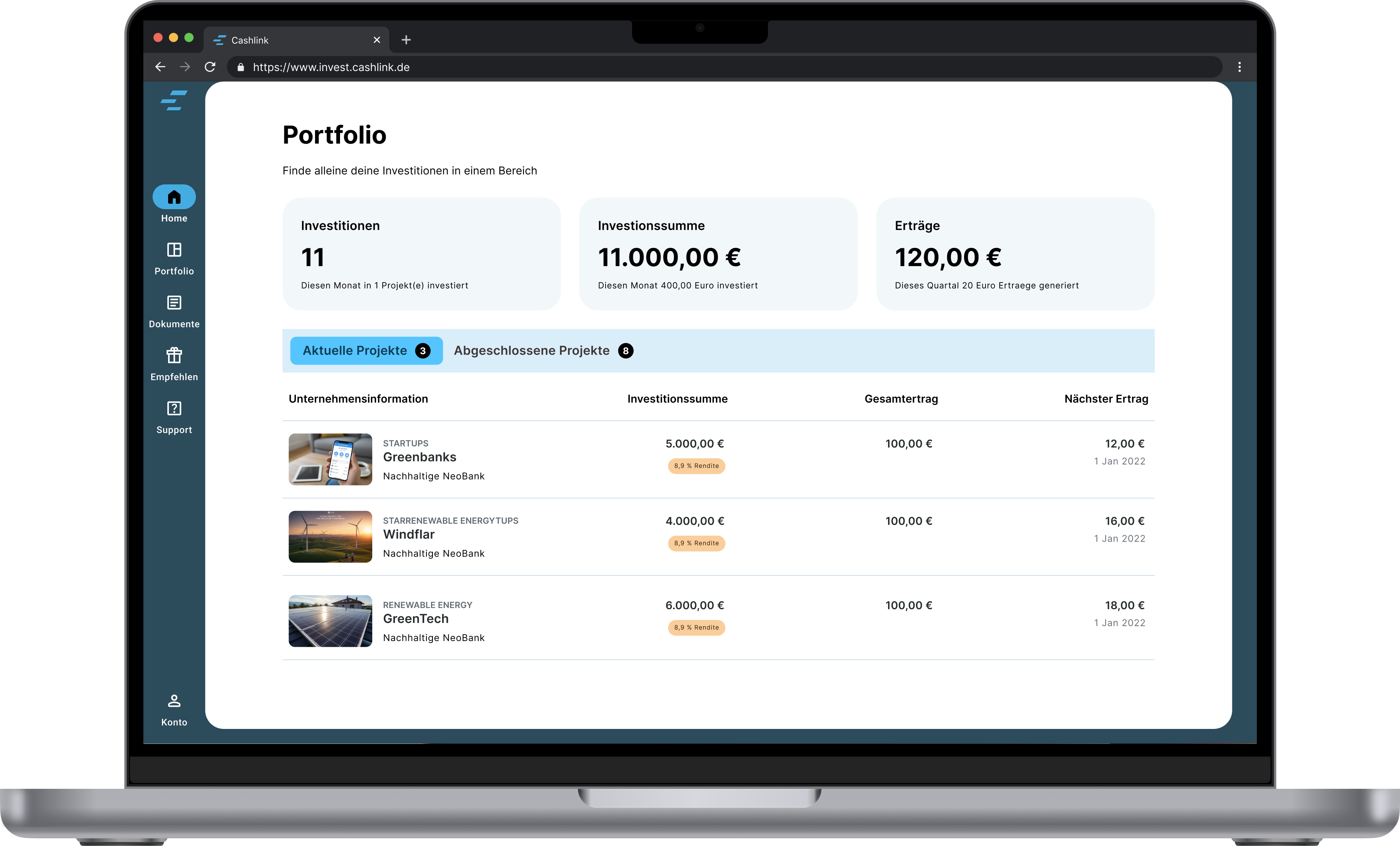 Cashlink portfolio interface